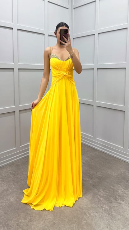 Sarı İp Askılı Bel Detay İşlemeli Tasarım Elbise