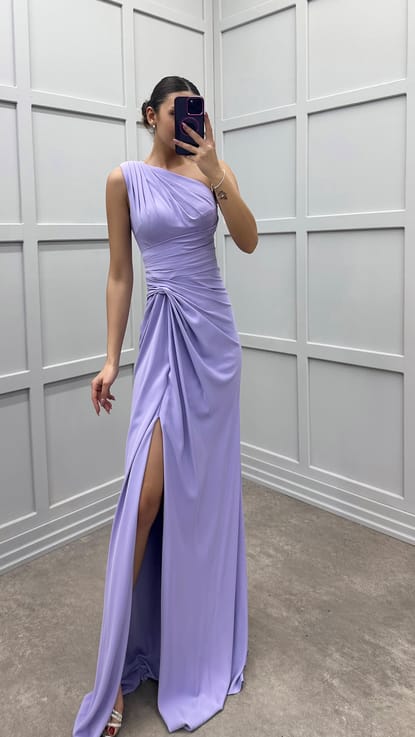 Lila İp Askılı Beli Büzgülü Tasarım Elbise