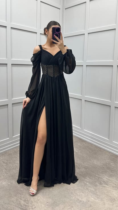 Siyah Omuz Detay Beli Transparan Tasarım Şifon Elbise