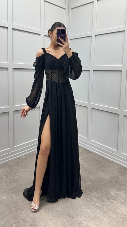 Siyah Omuz Detay Beli Transparan Tasarım Şifon Elbise