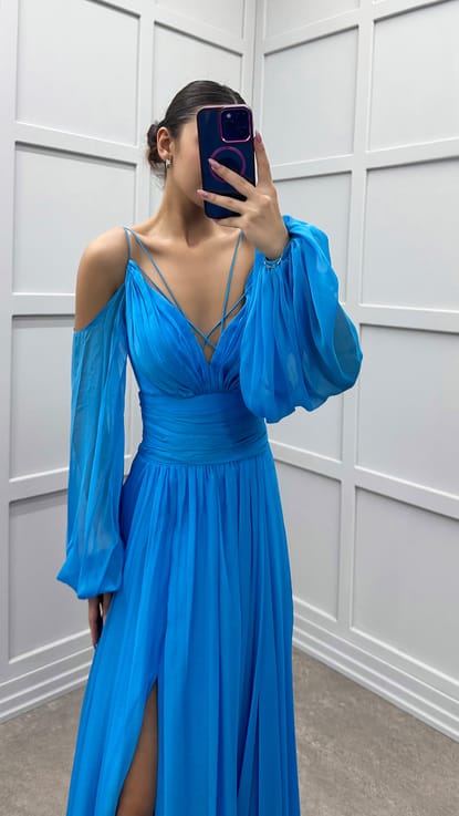 Mavi Sırtı İp Balon Kol Tasarım Şifon Elbise