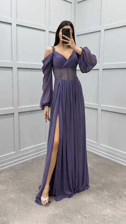 Lila Omuz Detay Beli Transparan Tasarım Şifon Elbise
