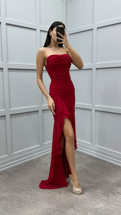 Kırmızı Straplez Bel Detay Eteği Fiyonk Tasarım Elbise