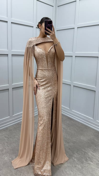 Bej Boyun Detay Pelerinli Tasarım Payet Abiye Elbise