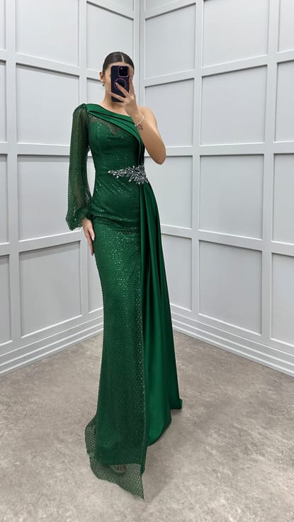 Zümrüt Yeşili Tek Kol Bel Detay Tasarım Elbise