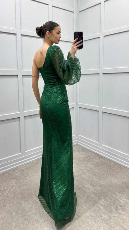 Zümrüt Yeşili Tek Kol Bel Detay Tasarım Elbise
