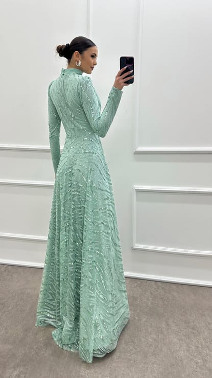 Mint Yeşili Bel Detay İşlemeli Tesettür Tasarım Elbise