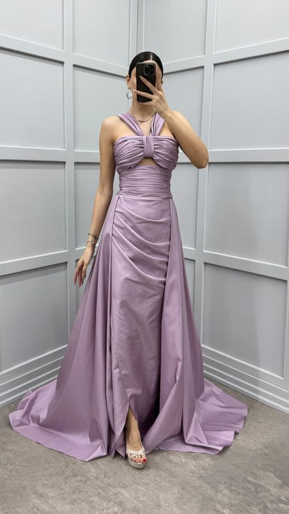 Lila Omuz Detay Transparan Drapeli Abiye Elbise
