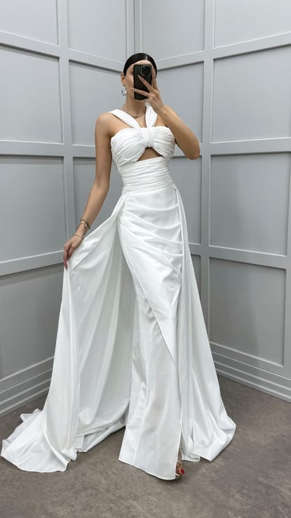 Beyaz Omuz Detay Transparan Drapeli Abiye Elbise