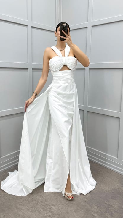 Beyaz Omuz Detay Transparan Drapeli Abiye Elbise