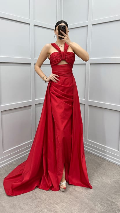 Kırmızı Omuz Detay Transparan Drapeli Abiye Elbise