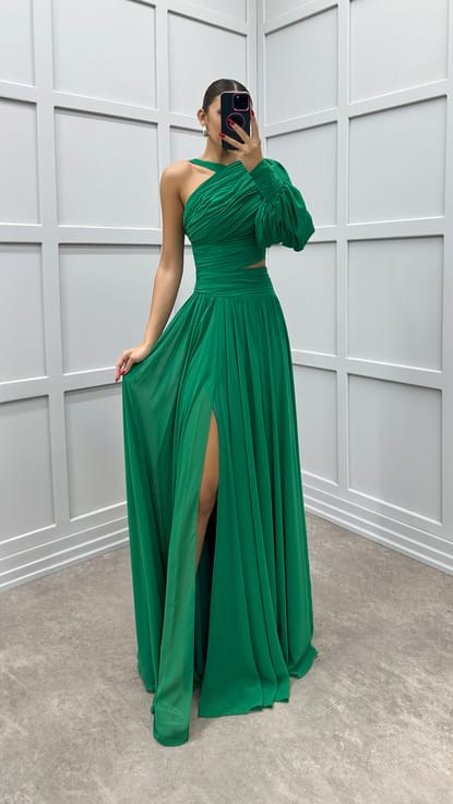 Yeşil Tek Kol Omuz Detay Tasarım Elbise