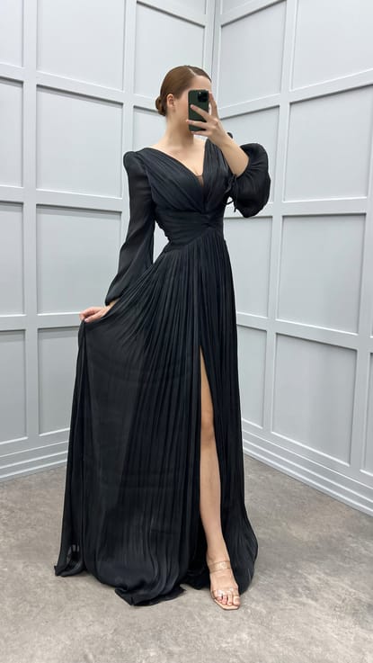 Siyah Balon Kol Drapeli Tasarım Büyük Beden  Elbise