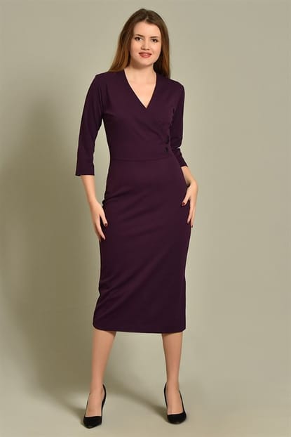 Plum Double-breasted Collar Side Button Detail Midi Dress Length