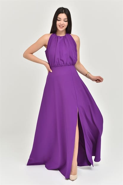 Neck Apron Purple Evening Dress