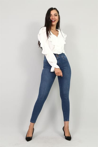 Mavi Beli Çapraz Detay Yüksel Bel Skinny Jean