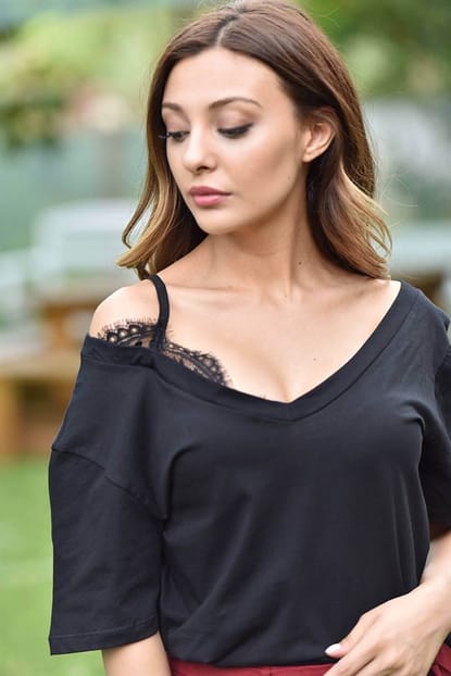 Black Lace Detail Collar Shirts