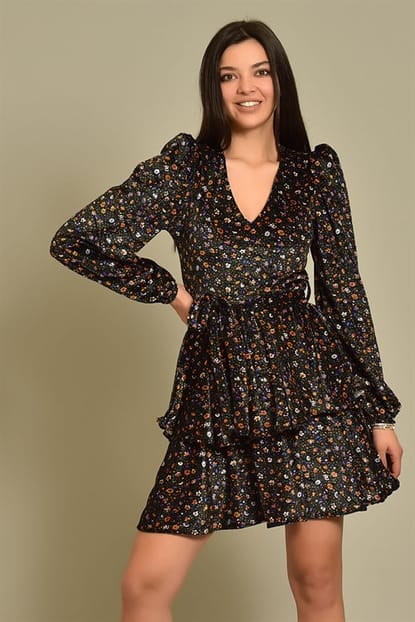 Black Floral Patterned Velvet Dress