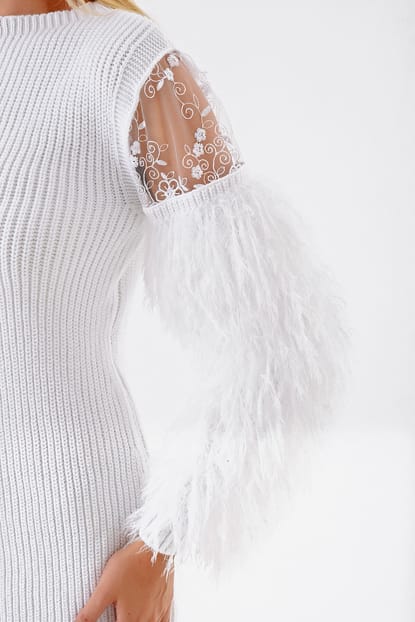 Sleeve Tunic Sweater Dress White Feather Detail