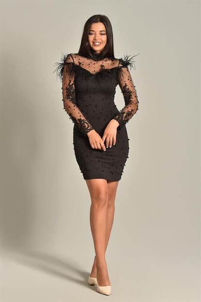 Black Pearl Detail Design Evening Dress