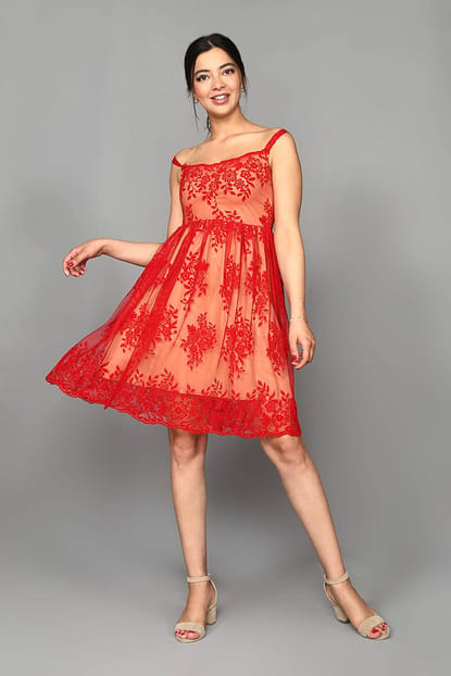 Kırmızı İp Askılı Mini Elbise