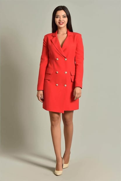 Kırmızı Düğme Detaylı  Ceket Elbise