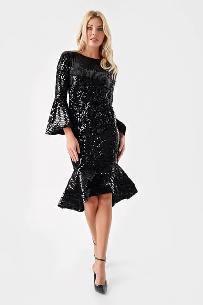 FM sleeves and skirt Flywheel Stamps Sequin Evening Dress