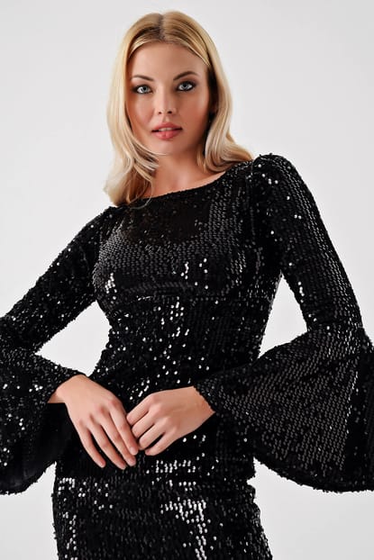FM sleeves and skirt Flywheel Stamps Sequin Evening Dress