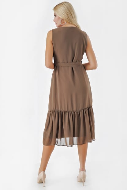 Collar double-breasted khaki skirt ruffles Chiffon Dress