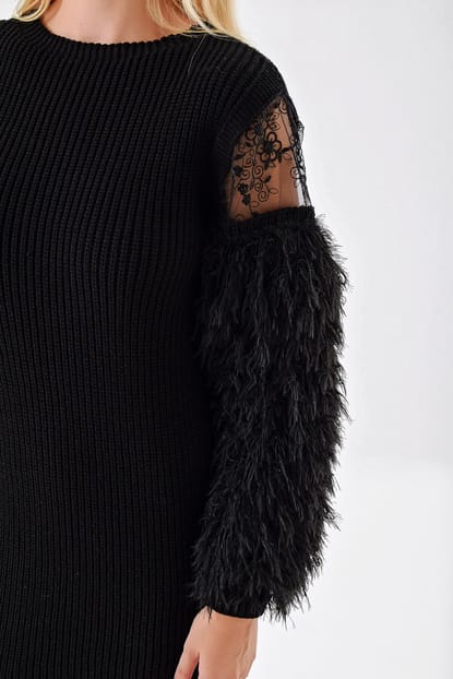 Sleeve Tunic Sweater Dress Black Feather Detail