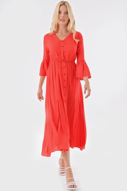 The red side of the slit Drawstring Waist Shirt Dress