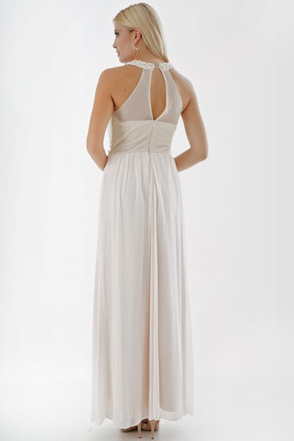 Mink Pearl Embroidered Tulle Evening Dress