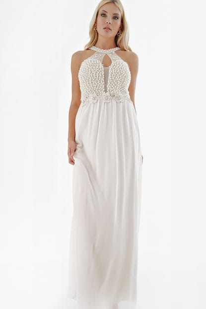 Mink Pearl Embroidered Tulle Evening Dress