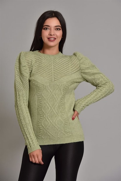 Neck Sleeve Knitted Sweater Green Balloon