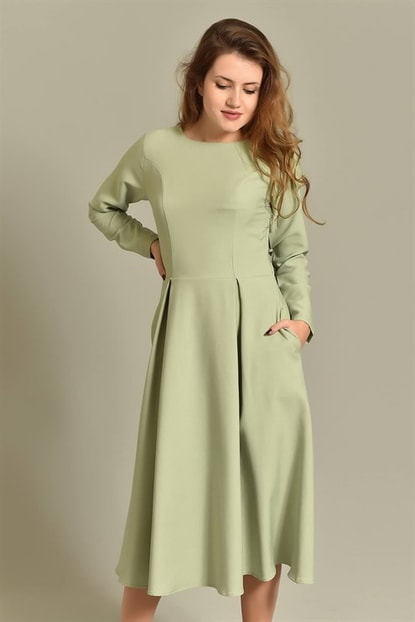 Green Long Sleeve Length Midi Dress