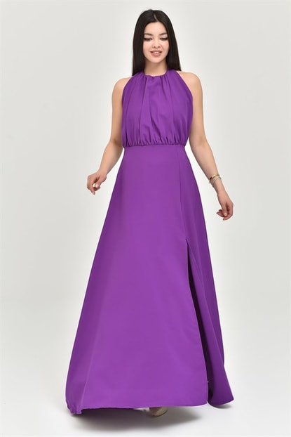 Neck Apron Purple Evening Dress