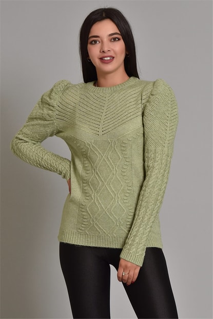 Neck Sleeve Knitted Sweater Green Balloon