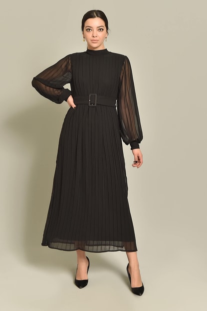 Siyah Piliseli Uzun Şifon Elbise