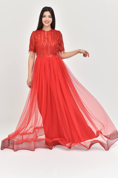 Over Stamps Red Sequin Tulle Evening Dress