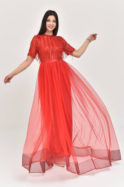 Over Stamps Red Sequin Tulle Evening Dress