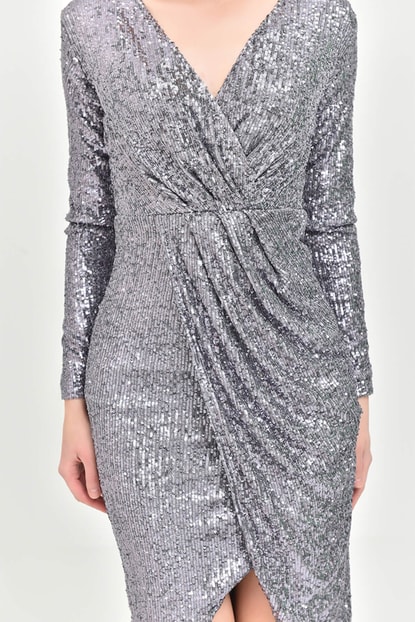 Gray-breasted Collar Stamps Sequin Evening Dress