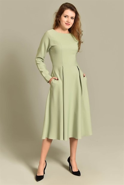 Green Long Sleeve Length Midi Dress