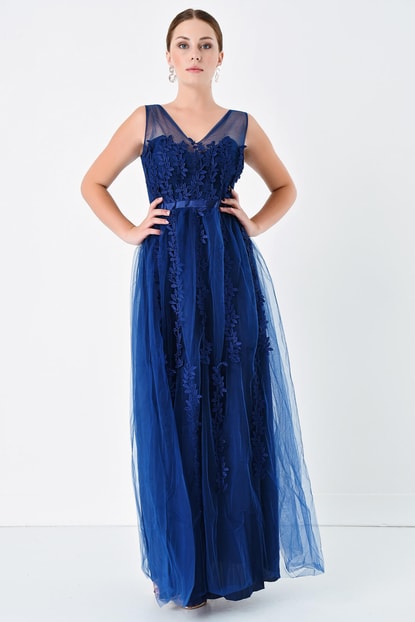 FM Navy Guipure Detailed Long Tulle Evening Dress