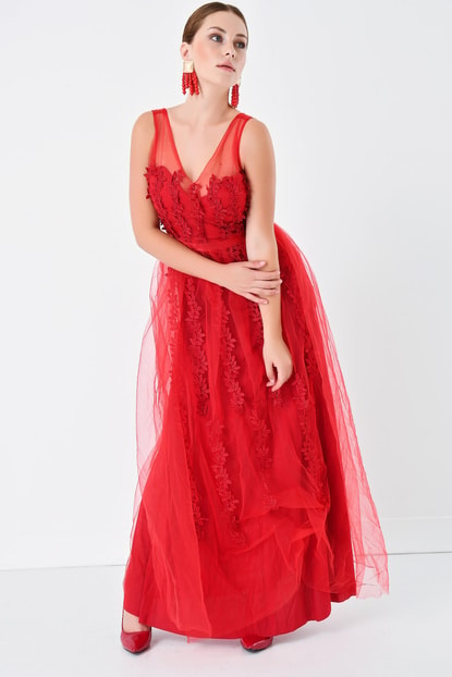 Detailed long-FM Red Guipure Tulle Evening Dress