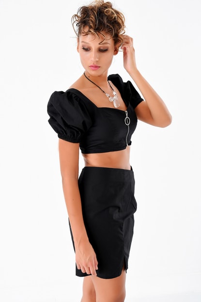 Black Zipper Detail Blouse Skirt Set