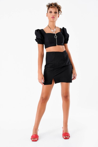 Black Zipper Detail Blouse Skirt Set