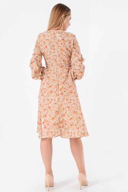 Brown Flower Pattern Short Sleeve Chiffon Dress with ruffles