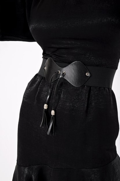 Black Leather Belt Satin Dress