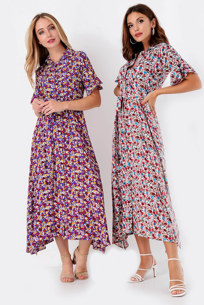 Beige Floral Patterned Slit Dress Shirts