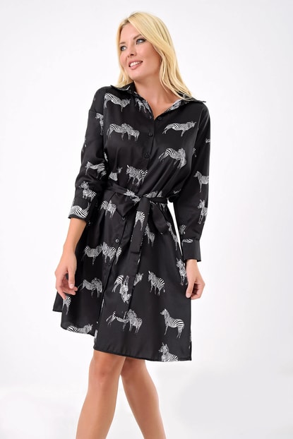 Black Zebra Pattern Belted Dress